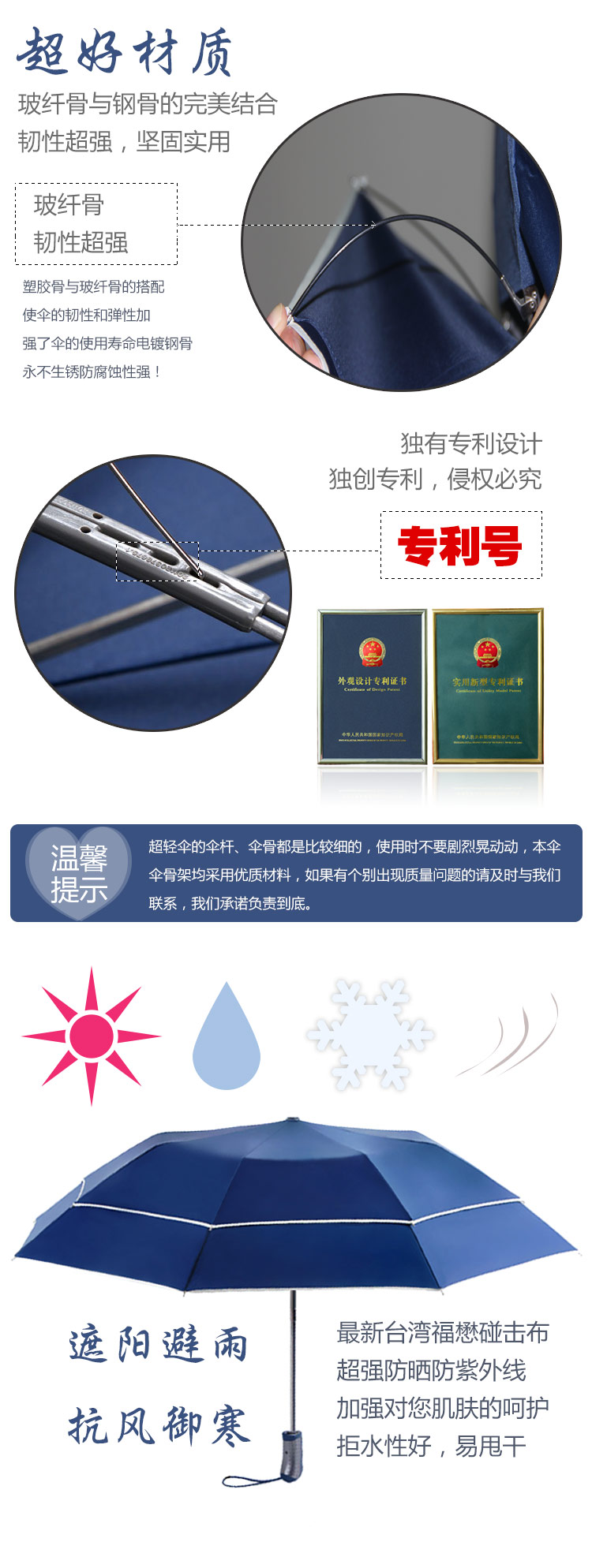 上海故事雨伞男士英伦商务折叠伞男女士超大伞面情侣款遮阳伞三折强力拒水晴雨伞 UV深蓝色