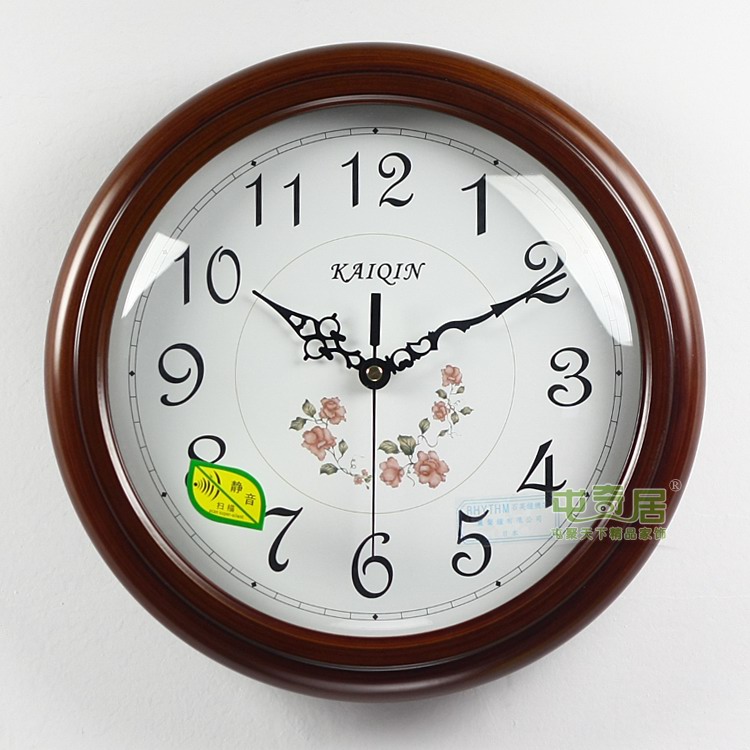 
                                        凯琴（KAIQIN）12寸中号欧式木头餐厅客厅挂钟进口静音机芯/1127 棕色                