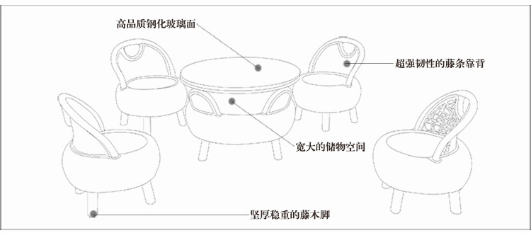 艾米轩 真藤椅子茶几五件套 植物真藤编织家具