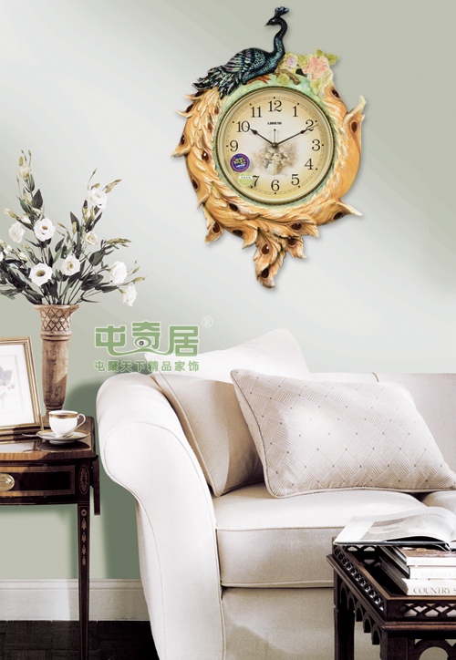 
                                                            丽盛（LISHENG）超大号孔雀欧式静音客厅挂钟/挂表/卧室钟表/餐厅时钟 浅黄色                