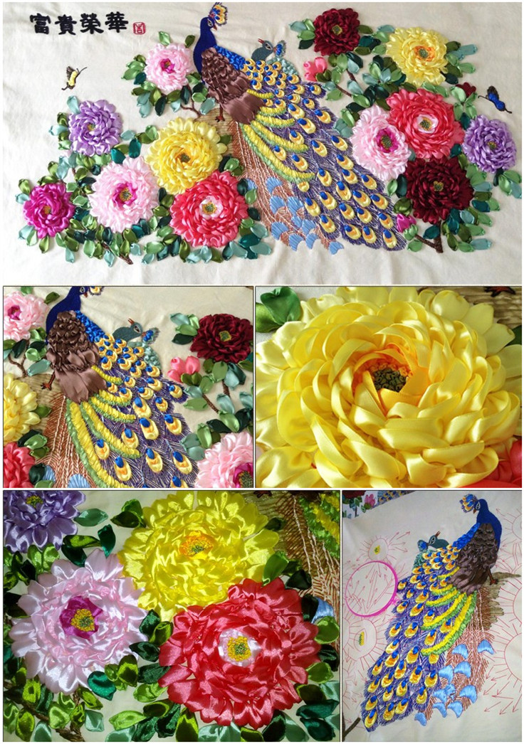 
                                        悠趣 手工牡丹花开孔雀图丝带绣3D描图 客厅装饰画大幅 A-088富贵荣华(一)大版130x70CM                