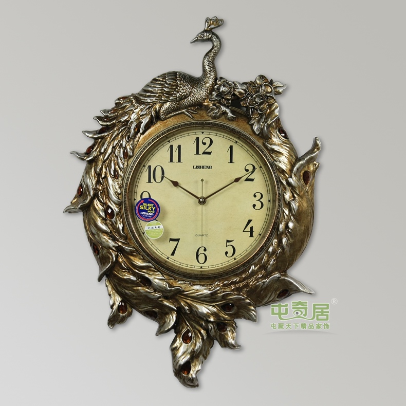
                                                            丽盛（LISHENG）超大号孔雀欧式静音客厅挂钟/挂表/卧室钟表/餐厅时钟 浅黄色                