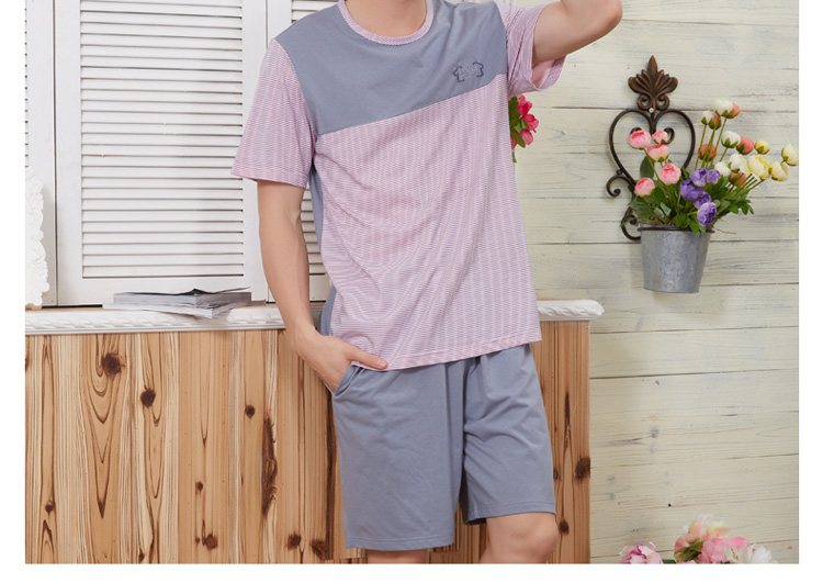 派邦奴夏季新款<em>男式家居</em>服套装细条纹短袖<em>短裤</em>