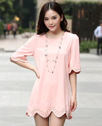 衣恋朵朵 2013夏装新款纯色手工钉珠珍珠波浪花边中袖