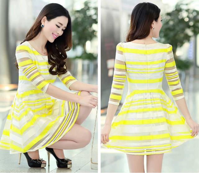 天使<em>保镖</em> 2014夏装新品 <em>淑女</em>小圆领条纹欧根纱