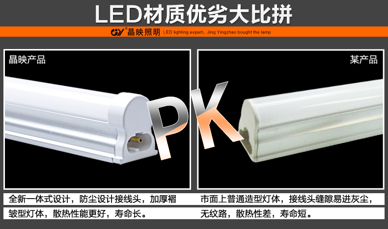 晶映LED灯管T5一体化led日光灯节能灯管高亮条形灯管灯带全套16W/1.2米白光 0.6m/5根套装 白光