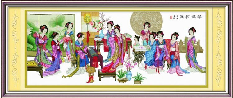 
                                        爱度ks印花十字绣客厅琴棋书画十二金钗梦红楼群芳古典美女人物印花布 尺寸约230*100cm 精准印花                