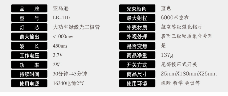 亚马逊蓝光激光强光手电筒远射王500米以上指星教学 LB-110 钛黑色 标准版