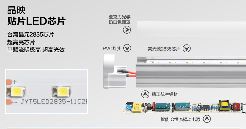 晶映LED灯管T5一体化led日光灯节能灯管高亮条形灯管灯带全套16W/1.2米白光 0.6m/5根套装 白光