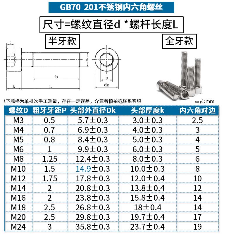 m3m4m5m6 不锈钢内六角螺丝gb70杯头螺丝不锈钢圆柱头内六角螺栓 7折