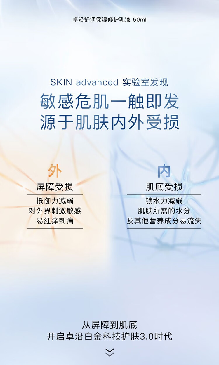 卓沿（SKIN ADVANCED）屈臣氏SA.卓沿白金舒润保湿修护乳液 全新上市敏肌适用 50ml*2