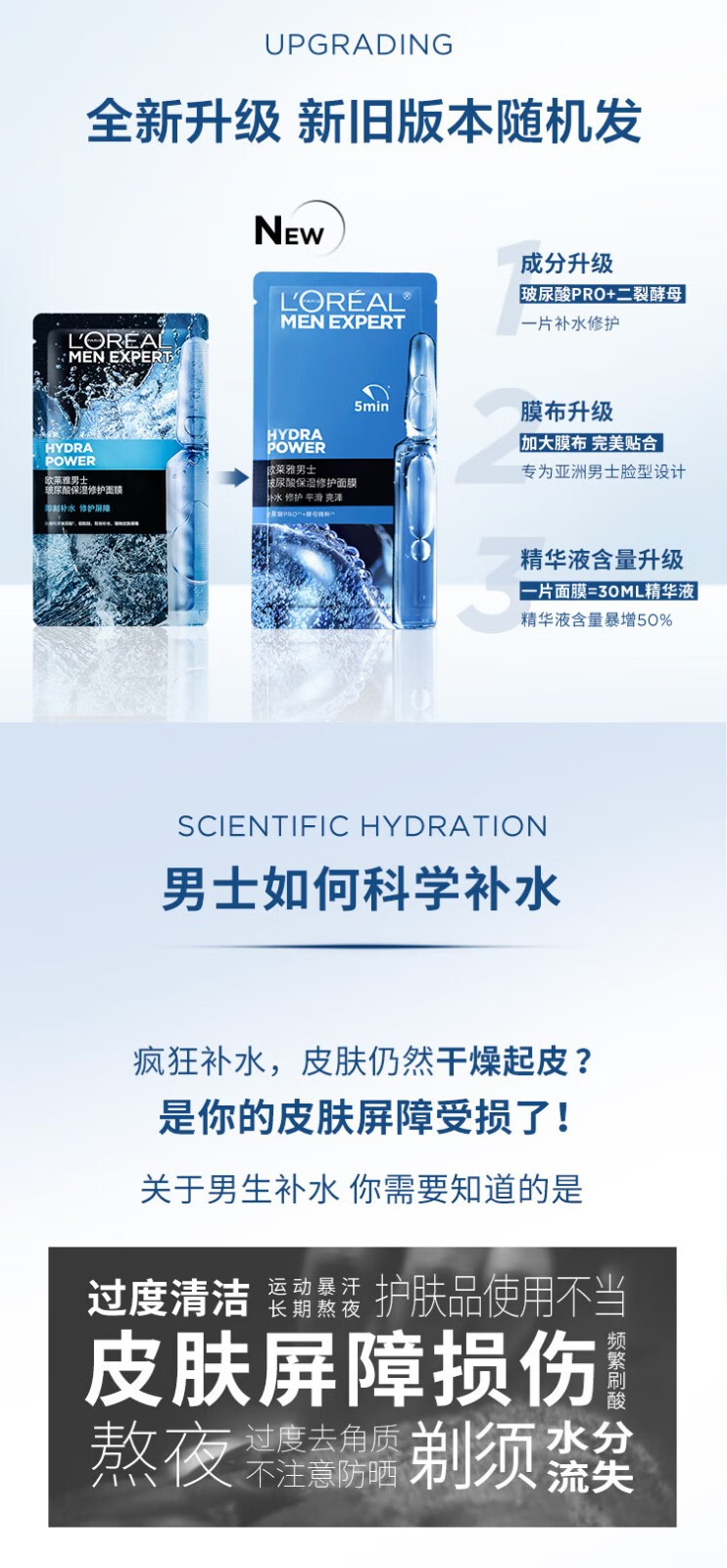 欧莱雅（L'OREAL）男士S.O.S救急玻尿酸面膜男士面膜山泉补水保湿水润修护炭爽净油 男士炭爽净油面膜5片