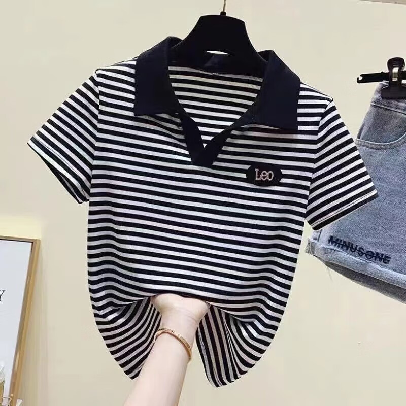 话语新款短女韩版美妆工具修身休闲女运动翻领 黑白条纹 M码