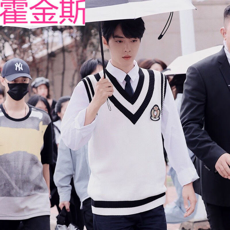 肖战同款衣服马甲毛衣男新款男女情侣外穿v领学院风无袖毛织背心 白色