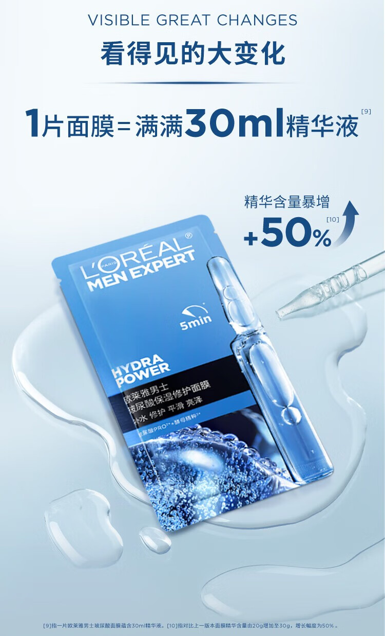 欧莱雅（L'OREAL）男士S.O.S救急玻尿酸面膜男士面膜山泉补水保湿水润修护炭爽净油 男士炭爽净油面膜5片
