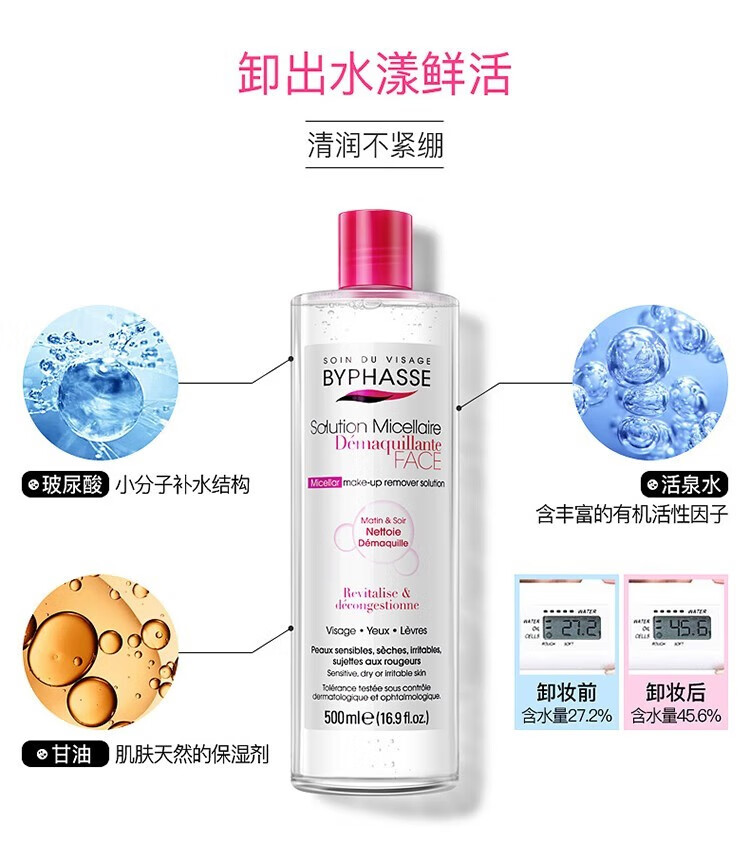 蓓昂斯（BYPHASSE）卸妆水眼唇无刺激净颜多效敏感肌温和卸妆液 净颜卸妆水500ml