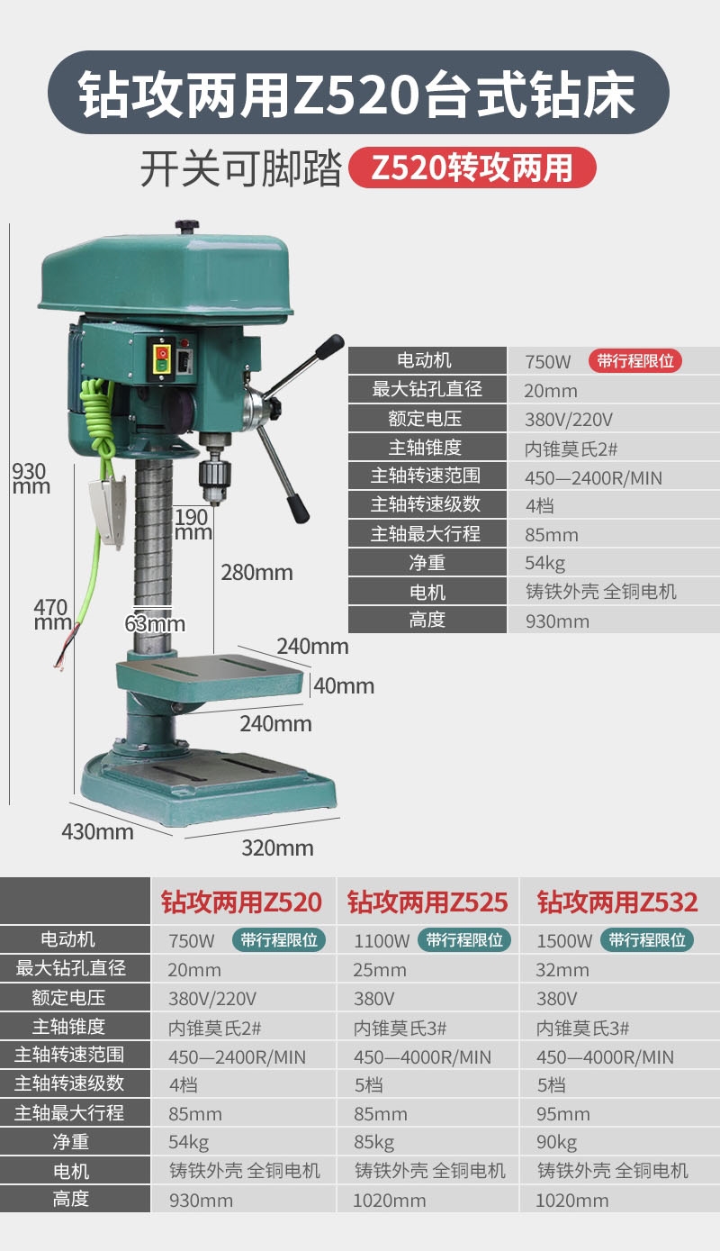 台钻工业级钻铣一体台钻家用小型220v750w电机大功率三相改380v1500w