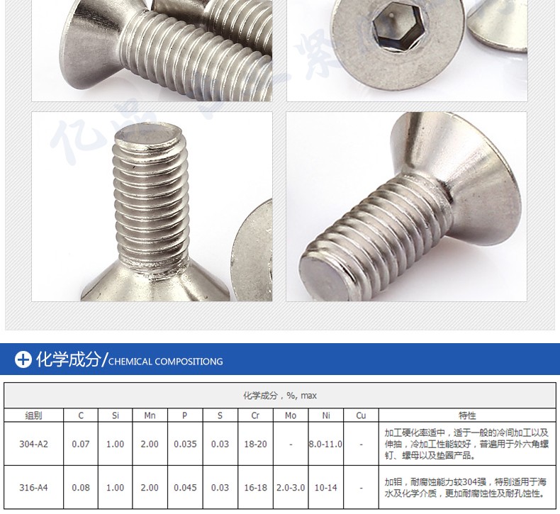304不锈钢沉头内六角螺丝平头内六角螺栓沉杯机丝平杯
