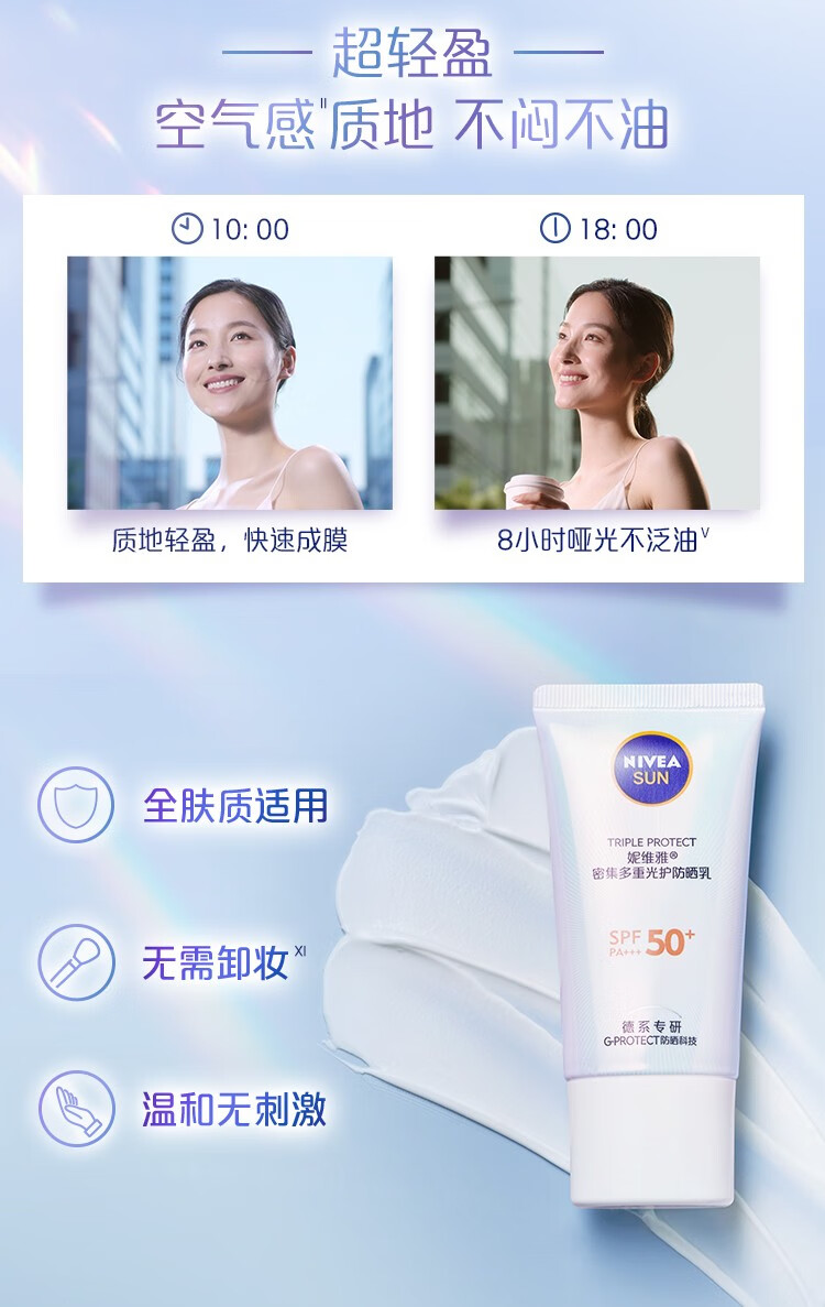 妮维雅NIVEA光护防晒乳霜面部隔离清爽温和轻盈线抗光老SPF50+ 礼物 密集多重光护防晒乳50ml