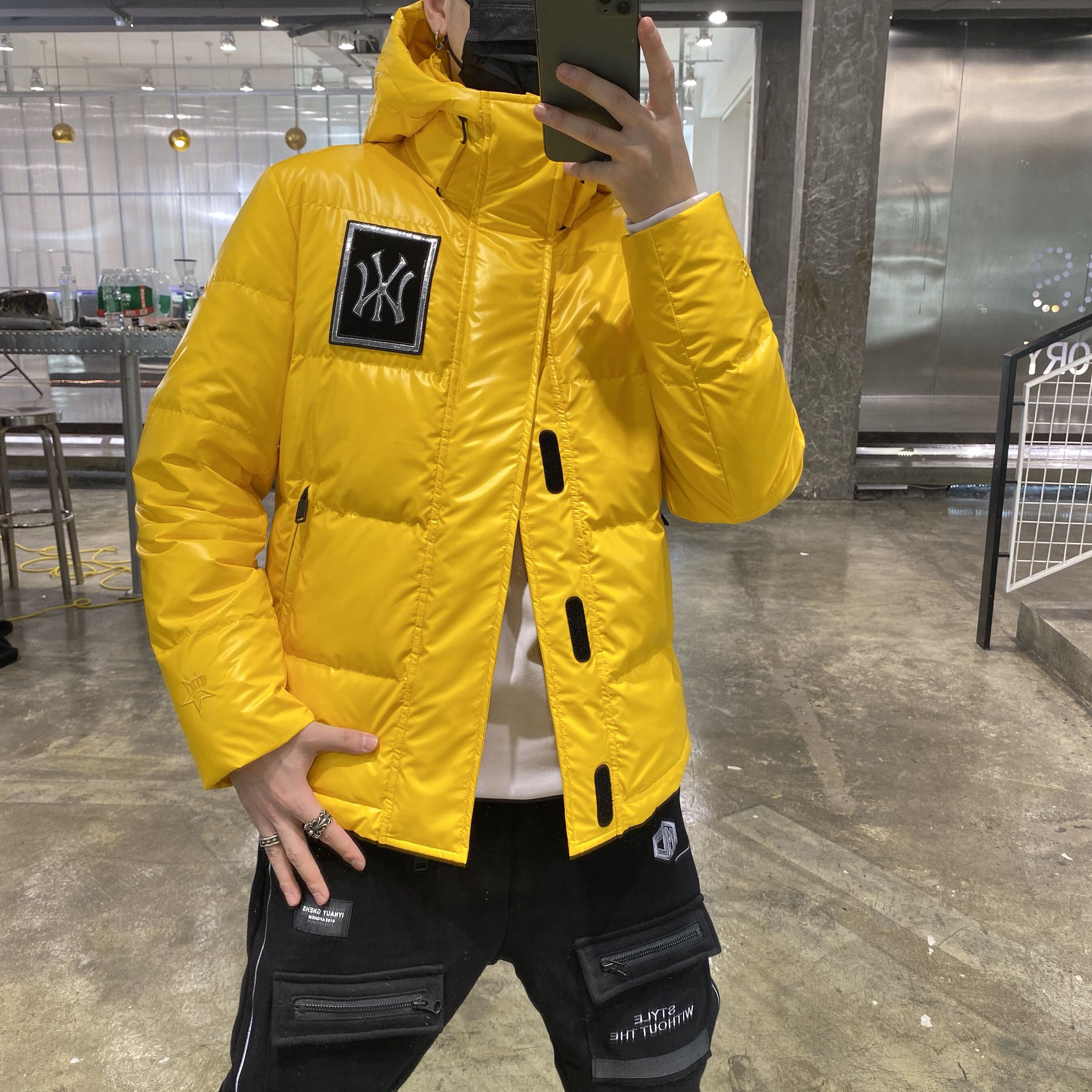 bees正品欧洲站男士ny羽绒服潮短款连帽冬装亮面保暖外套2019新款时尚
