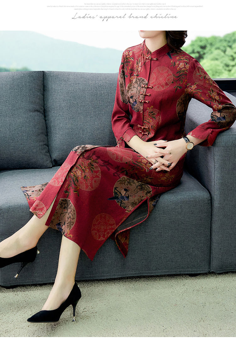 香云纱连衣裙女春秋长袖重磅杭州丝绸反季真丝桑蚕丝印花旗袍裙子