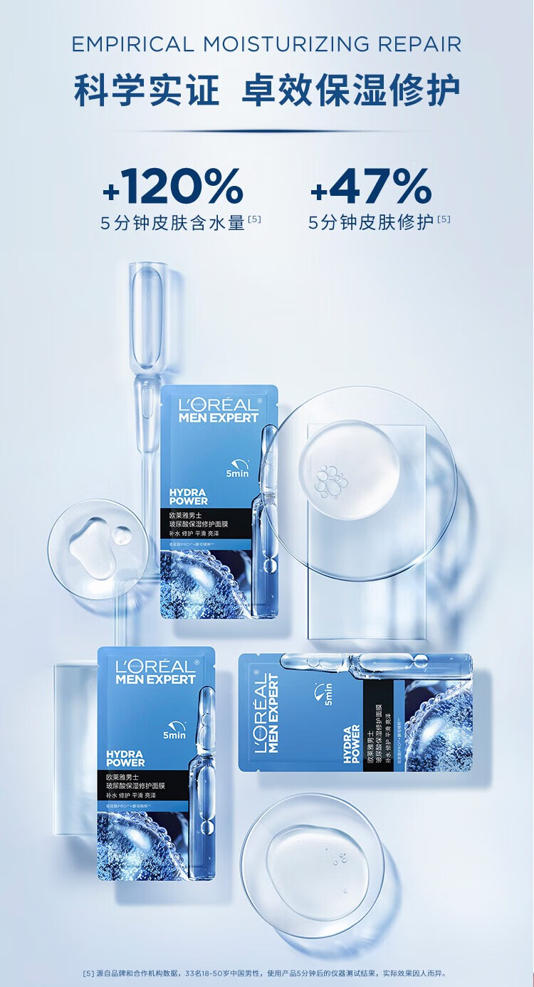 欧莱雅（L'OREAL）男士S.O.S救急玻尿酸面膜男士面膜山泉补水保湿水润修护炭爽净油 男士炭爽净油面膜5片