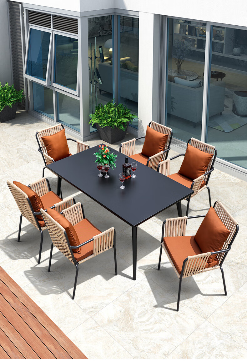 嘉勒美户外织带桌椅咖啡厅庭院露台室外阳台组合 6椅+160*90CM铝合金长桌