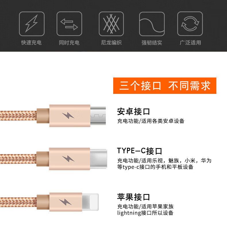 CTDOCKING 三合一充电线苹果安卓typec一拖三快充1.2米iPhone11/Xs小米华为 三合一1.2米 中国红