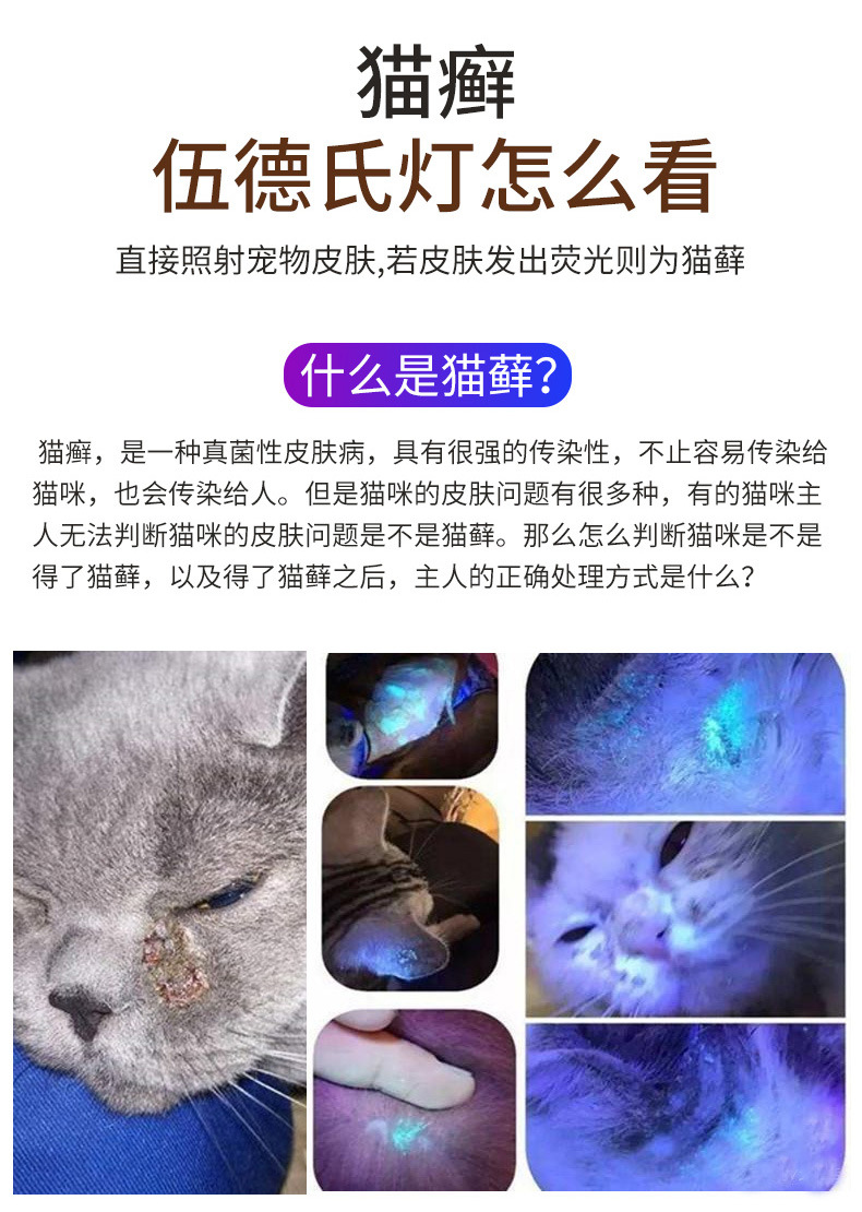 伍德氏灯猫藓宠物真菌检测灯365nm紫外线验钞灯紫光手电筒小型黑头