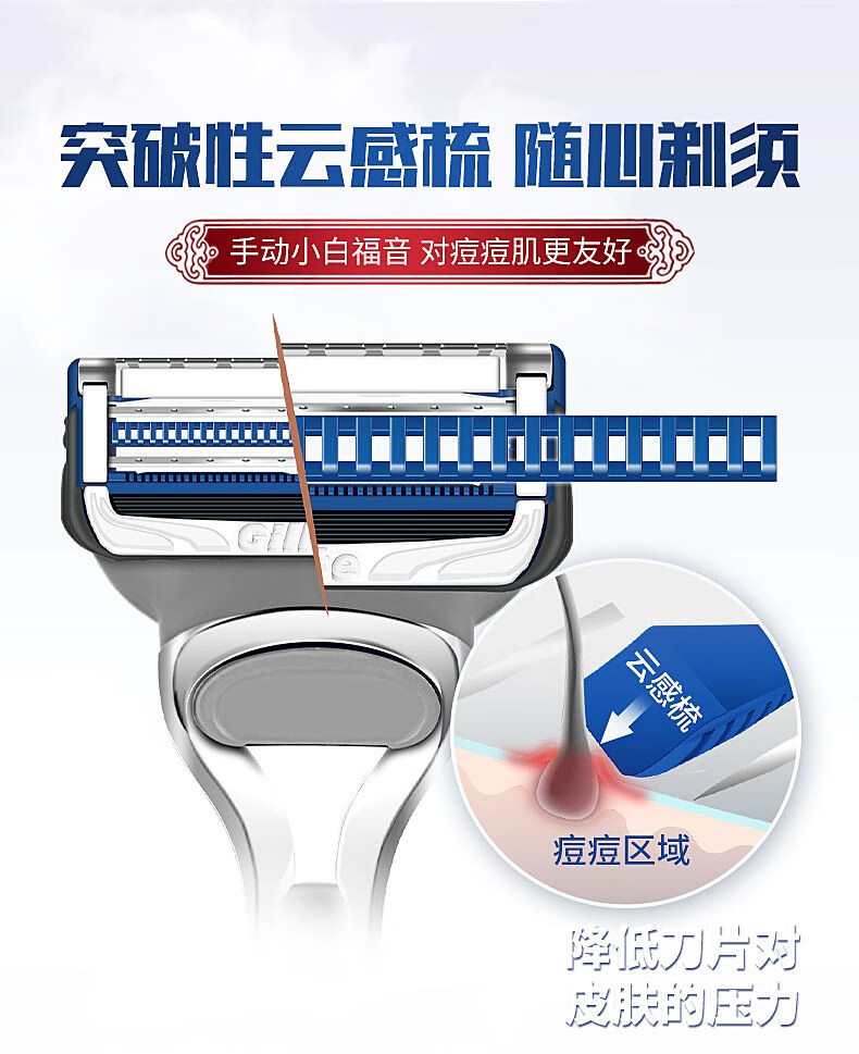 吉列剃须刀手动云感小云刀刀片磁力刀架王者李白引力盒手动刮胡刀 云感替换刀头4个简装
