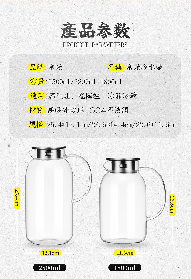 富光家用冷水壶玻璃耐热凉水壶高温凉白开水瓶大容量透明水杯套装杯子