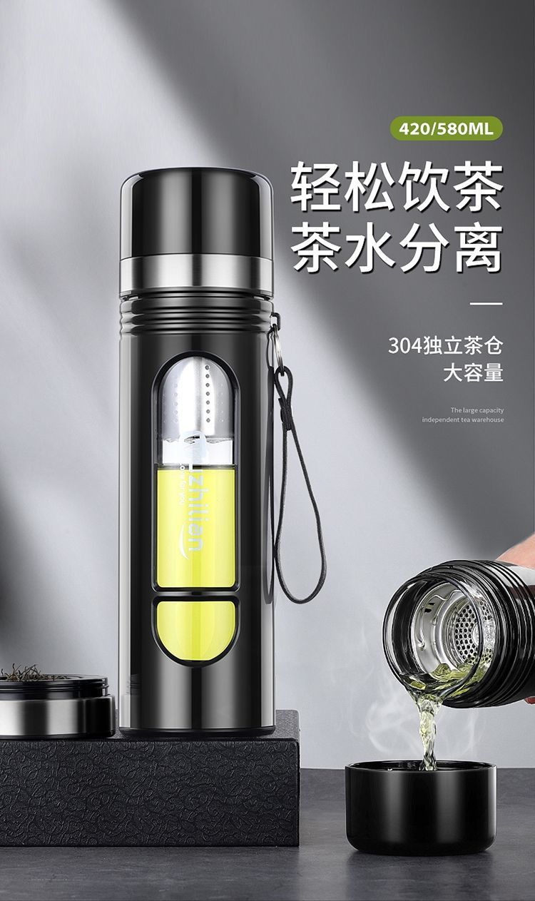 便携耐热玻璃杯办公双层茶水分离水杯女大容量防摔花茶杯 色 400ml