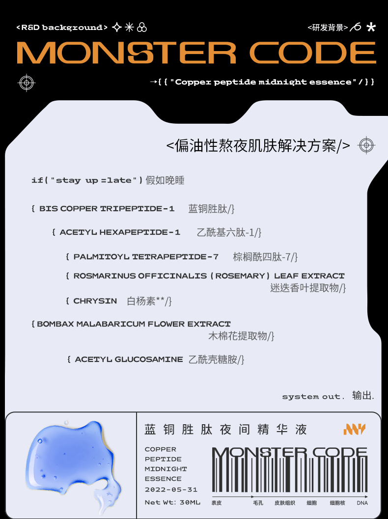 野兽代码（MONSTER CODE） 第二代蓝铜胜肽精华液2.0面部护肤干皮油皮敏感肌适用30mL 蓝铜胜肽精华油【适合干皮】
