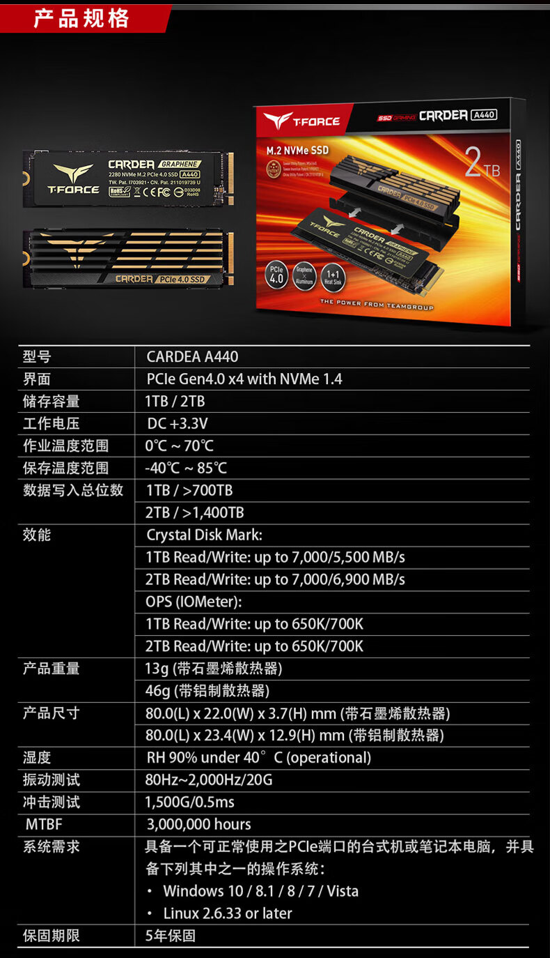 十铨（Team）黑曜女神 A440 1TB  固态硬盘 2TB M.2 PCIe SSD 黑曜女神A440 2TB SSD