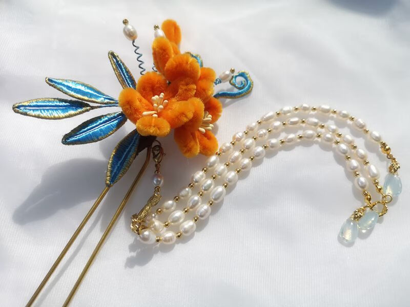 手工仿绒花发钗缠花描金汉服发簪淡水珍珠流苏步摇头饰发饰红色单发簪