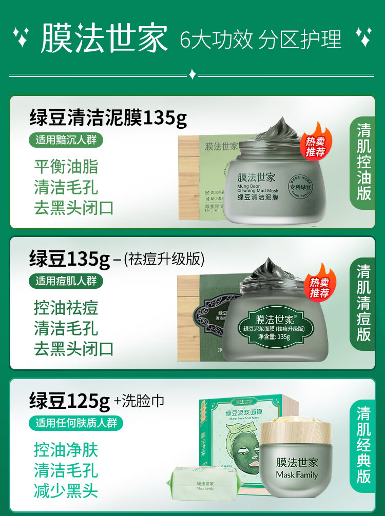膜法世家绿豆清洁泥膜改善黑头闭口深层清洁毛孔面部祛痘控油提亮肤色男女 绿豆泥热销款【新版第九代】