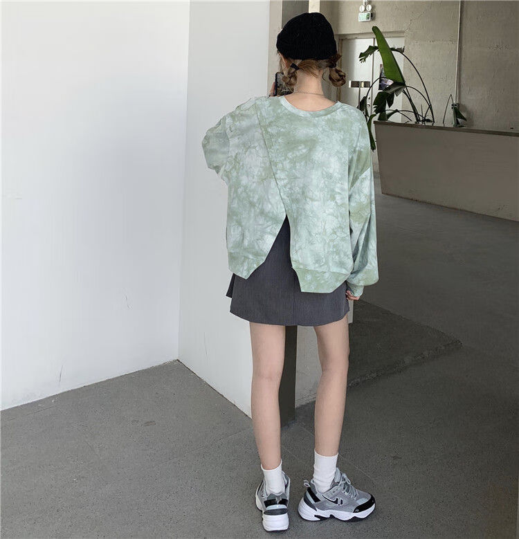 卫衣女宽松韩版2021新款春秋装设计感盐系开叉长袖上衣服ins潮 灰绿色