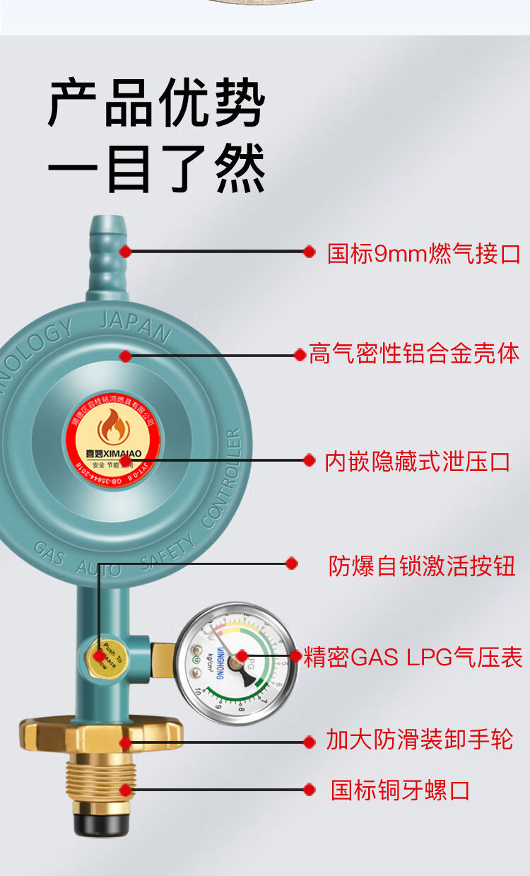 家用国标06防爆漏气锁液化气减压阀煤气瓶低压定压阀带表燃气双嘴带表