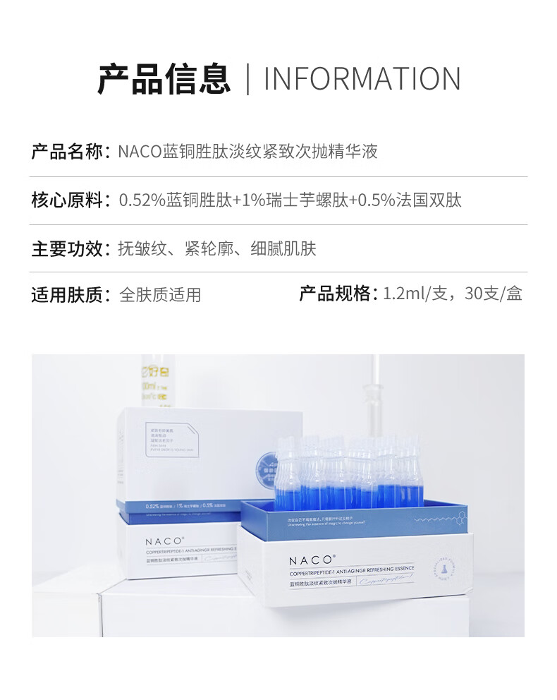 NACO蓝铜胜肽次抛面部精华液抗皱提拉紧致皮肤淡细纹舒缓改善护肤品 1.2ml*30支（到手35支）