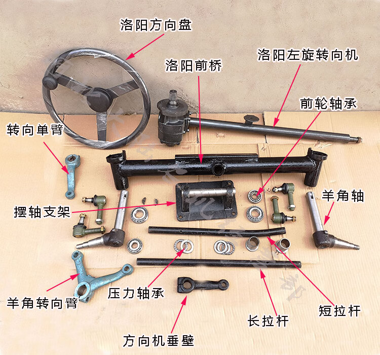 洛阳东方红小四轮拖拉机助力方向机方向盘羊角轴转向拉杆球头洛阳图中