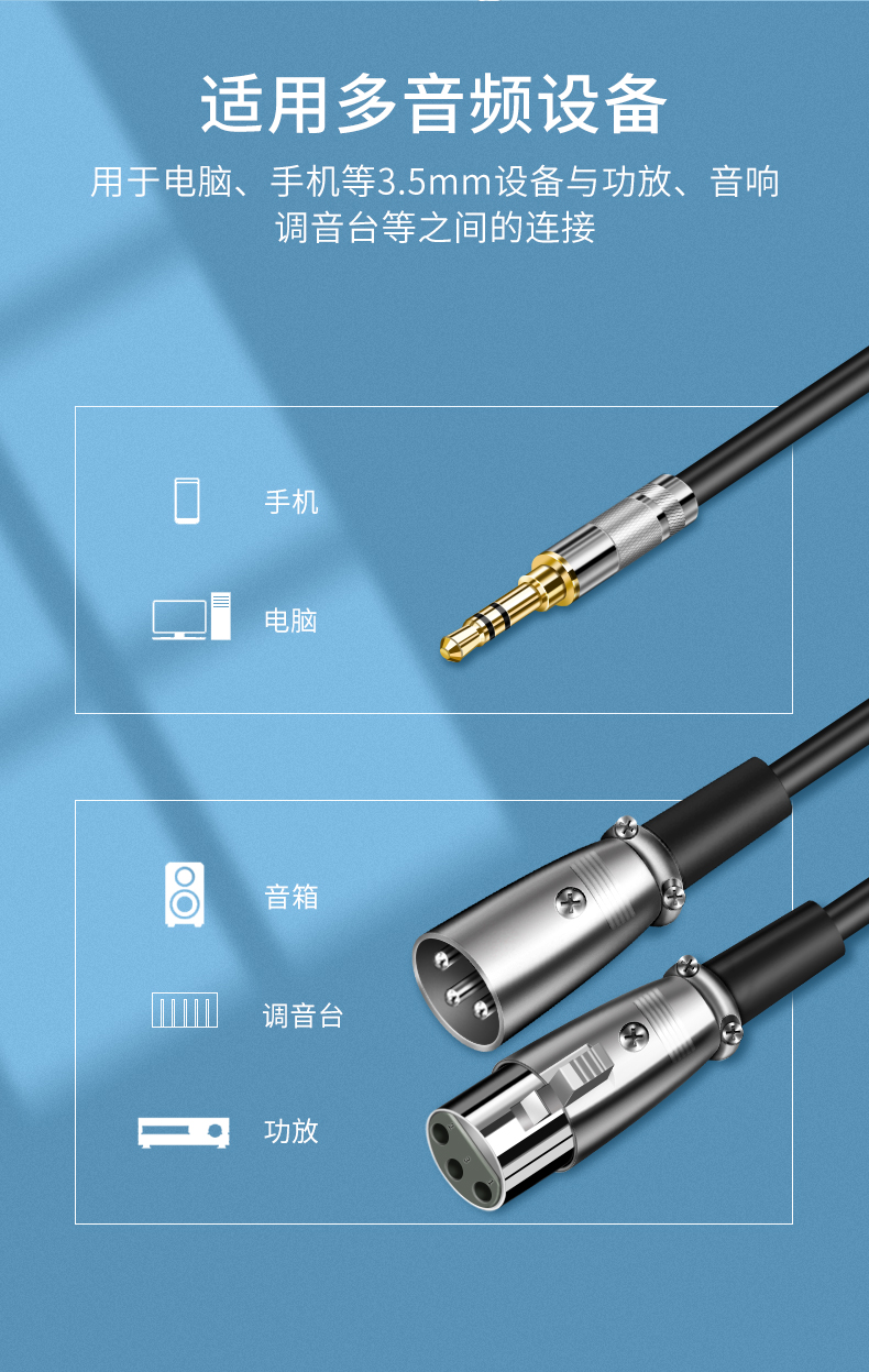 5转双卡农公母音频线3.5mm音频一分二功放调音台麦克风线 3.