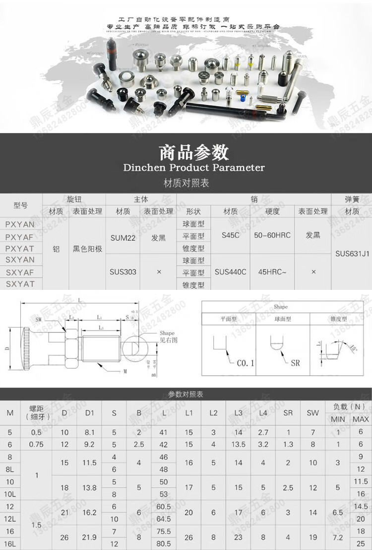 旋钮柱塞自锁型碳钢细牙弹簧定位销分度销m5 m6 m8 m10 m12 m16 pxyan