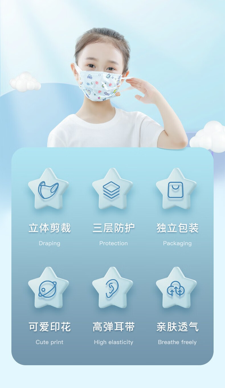 乐贝净【独立包装】沃克 儿童3D立体扣罩卡通可爱宝宝一次性防护用品4-12岁男女童小孩卡通扣罩 儿童款50个
