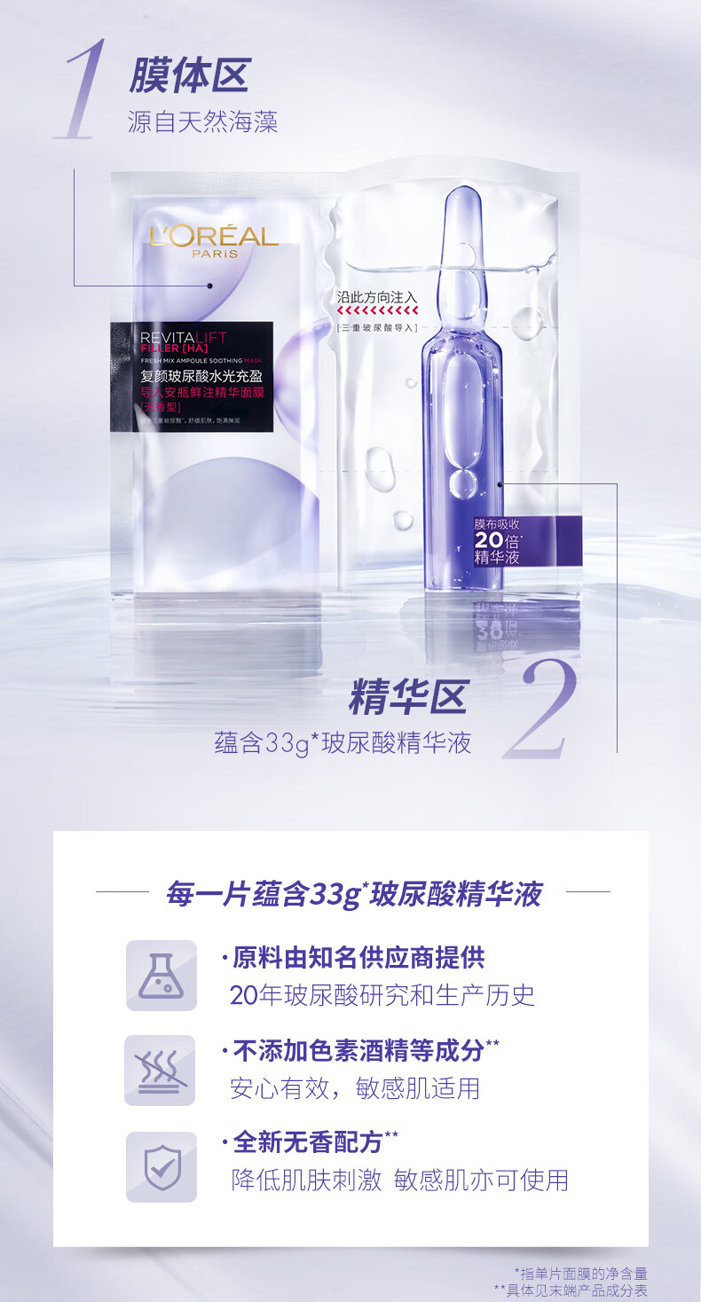 欧莱雅（LOREAL） 欧莱雅复颜玻尿酸水光充盈导入膨润面膜贴 安瓶精华面膜5片（新旧包装随机发货） 5pcs