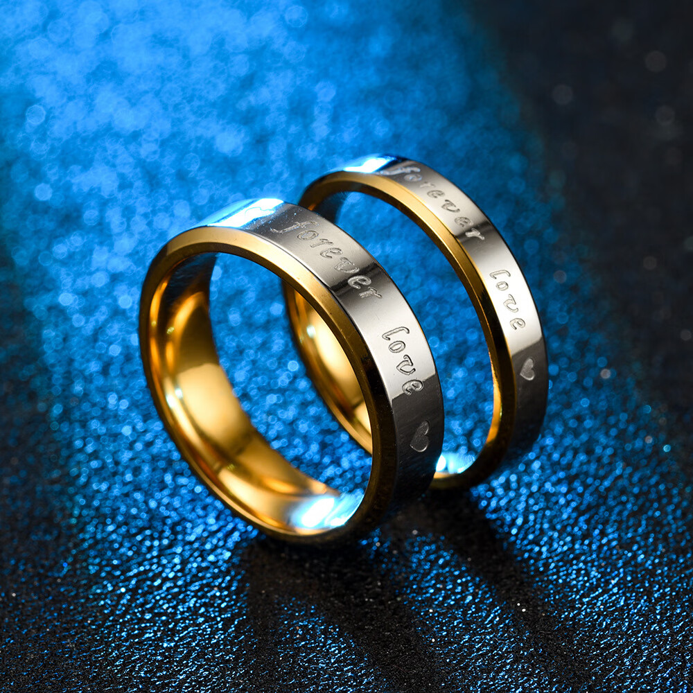 戒指forever love 欧美钛钢情侣戒指18k金色戒指 6mm男款 9号