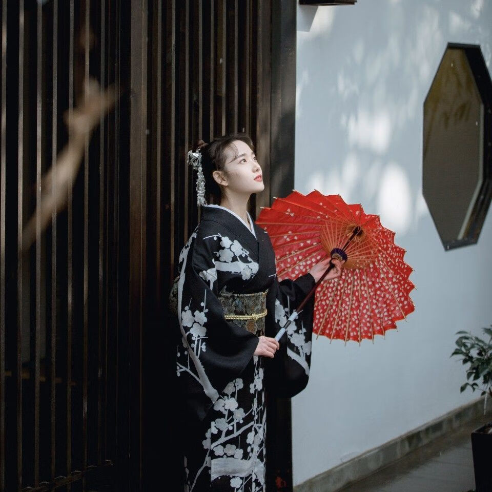 璨玥日本和服黑色梅花定位稿和风写真摄影服饰 黑色 单和服无配件