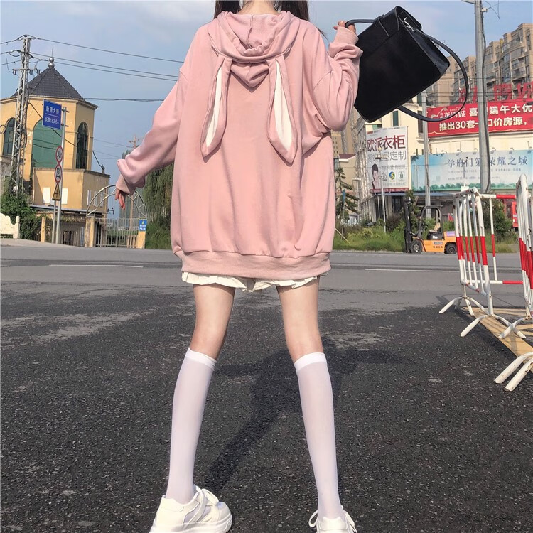 初中生卫衣女冬装带帽加绒加厚新款可爱兔子耳朵卫衣学生宽松上衣9690
