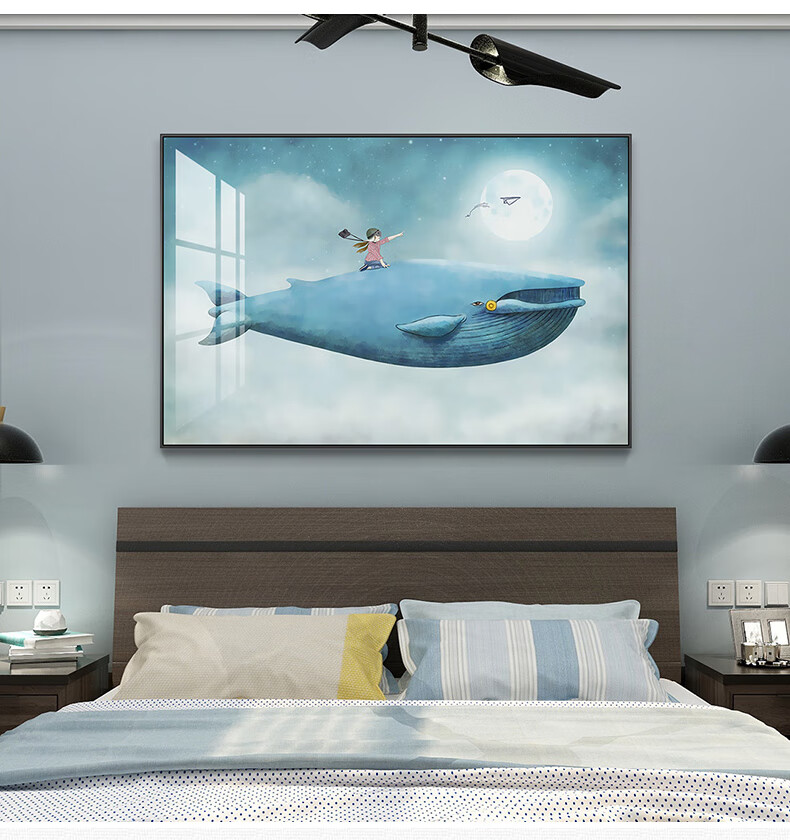 画男孩女孩北欧客厅沙发挂画现代简约卧室床头壁画横版大幅鲸鱼墙画