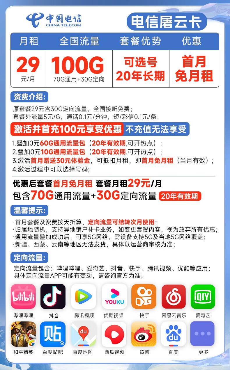 中国电信 电信流量卡5G手机卡低月租电话卡无限量全国通用不限速屠云梅花星元上网卡 梅花卡19元月租110G+100分钟