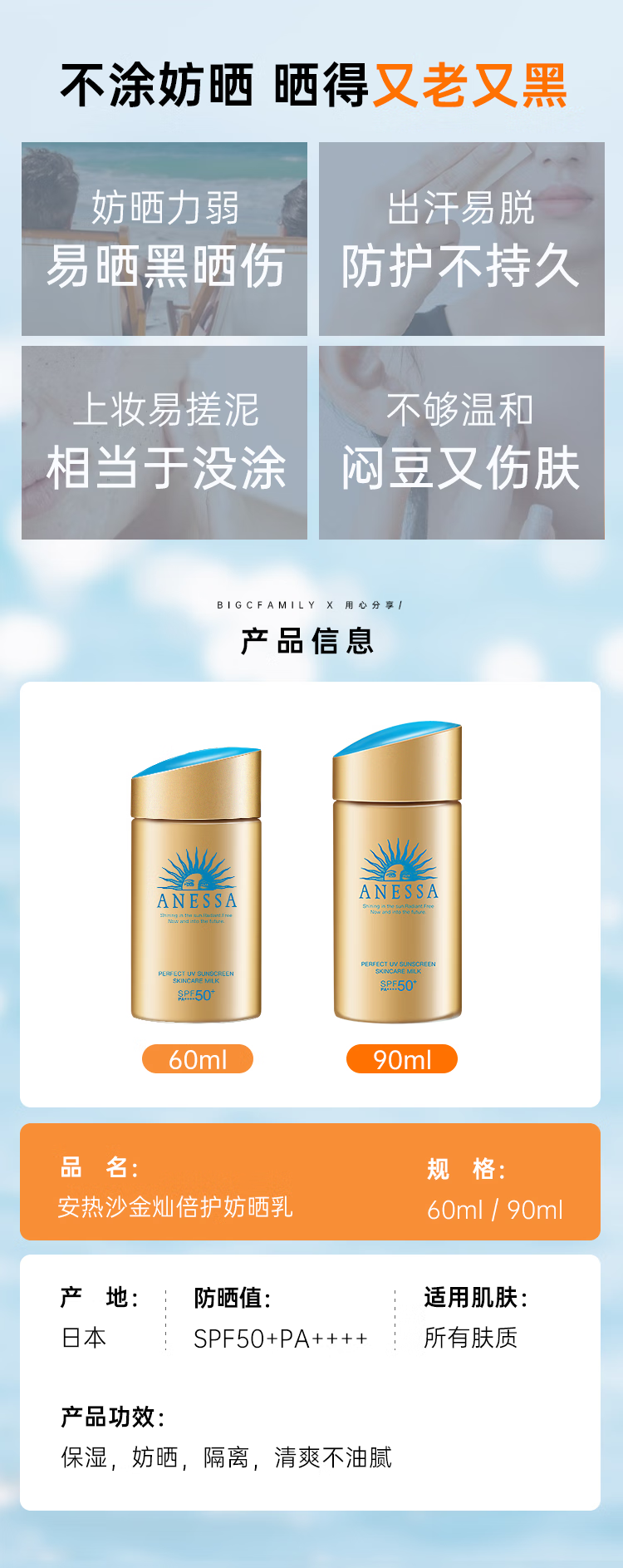 安热沙（Anessa）日本新版ANESSA安热沙防晒霜清爽敏感肌高倍户外防晒90mlSPF50 ANESSA防晒霜60ml一瓶